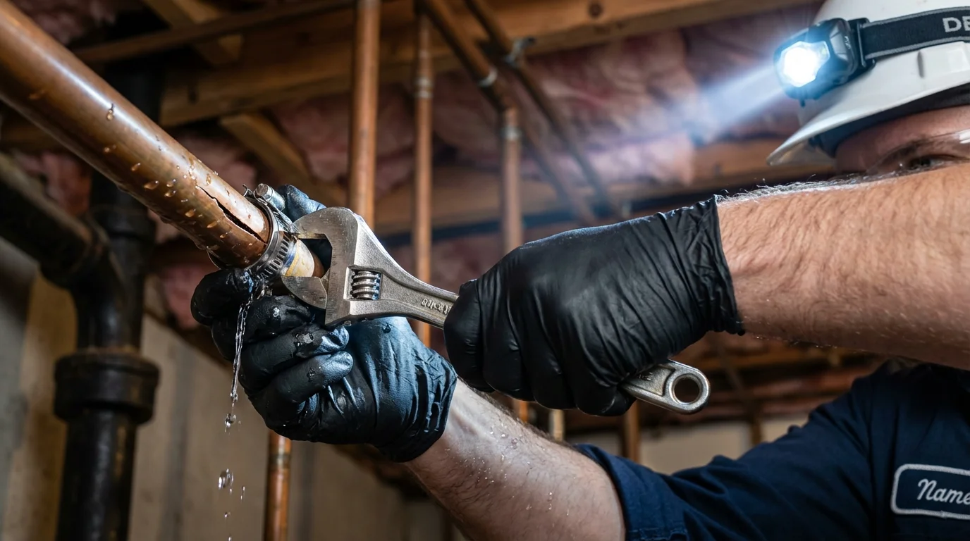 Emergency pipe clamp repair being performed by a Johns Plumbing LLC plumber in Acton
