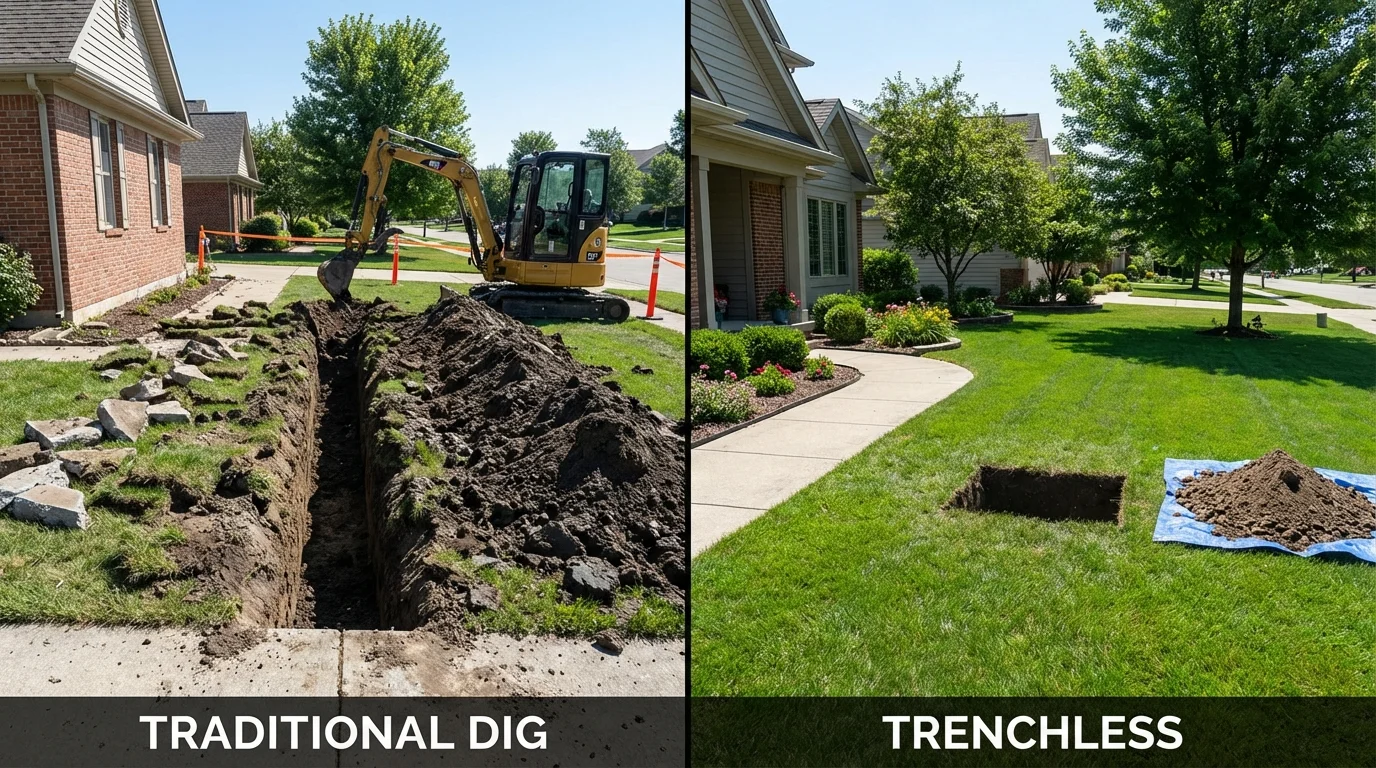 Trenchless sewer repair with minimal yard damage versus traditional excavation in Acton, MA