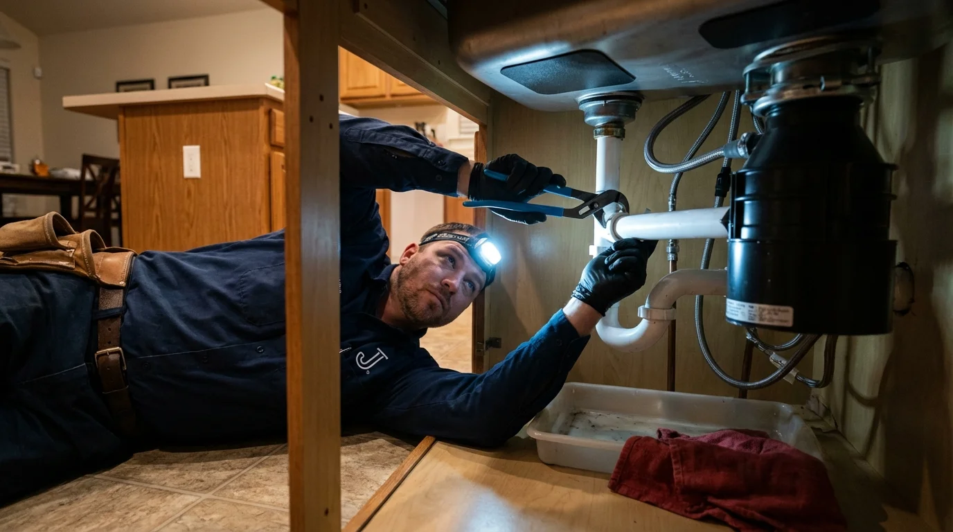 P-trap and supply line connections under a kitchen sink showing a common leak point in Acton, MA